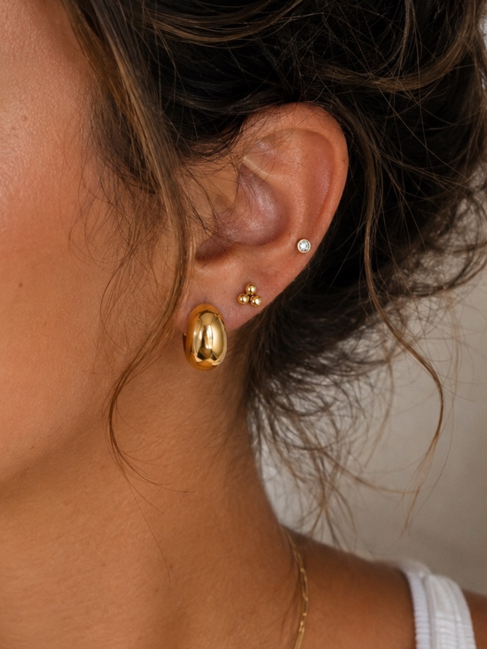 3 Pairs | 18K Gold Plated Cubic Zirconia Stud & Chunky Oval Earring Set
